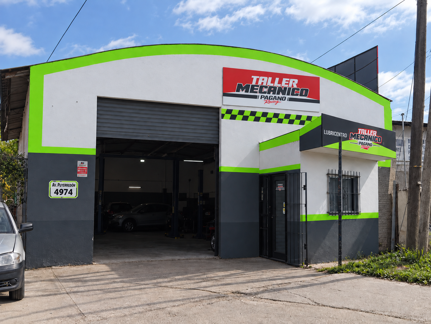Frente real del taller Pagano Racing en Villa Rosa